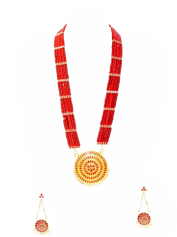 Assamese_Traditional_Gold_Plated_Red_Colour_Japi_Tassel_Jewellery_Set_For_Women